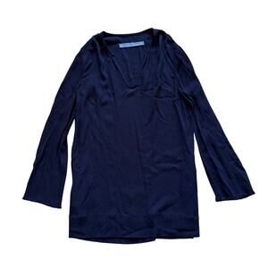 Raquel Allegra Navy Blue V Neck Long Sleeve Oversized Tunic Dress With Pockets 0